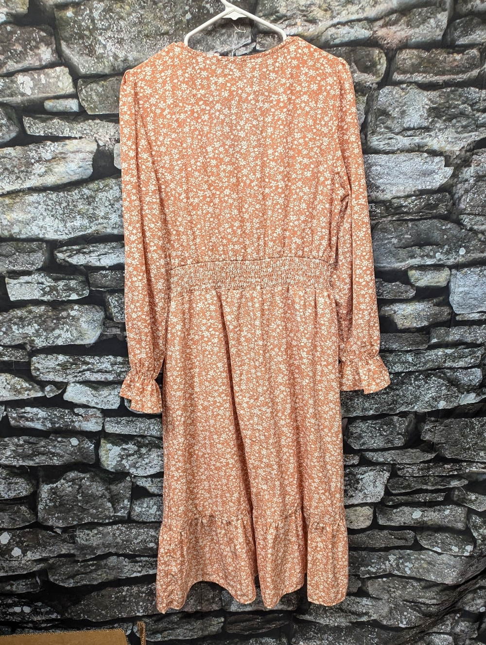 Coral Floral Maxi Dress Size Large Long Sleeve Smocked Waist Boho Dress - Picture 3 of 4